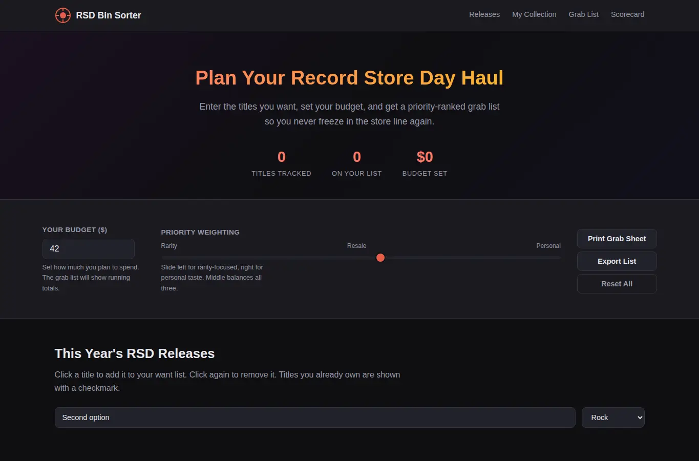 Screenshot of Record Store Day Bin Sorter interface showing the project page in use